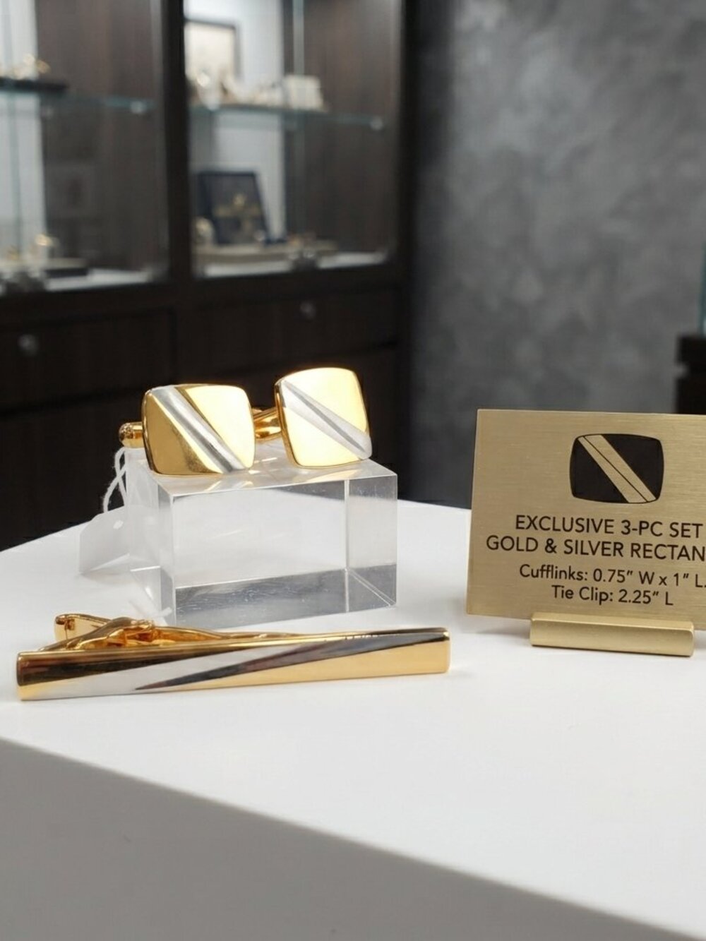 Gold-Tone & Silver-Tone Rectangular 3-Piece Cufflink and Tie Clip Set - Picture 1 of 7